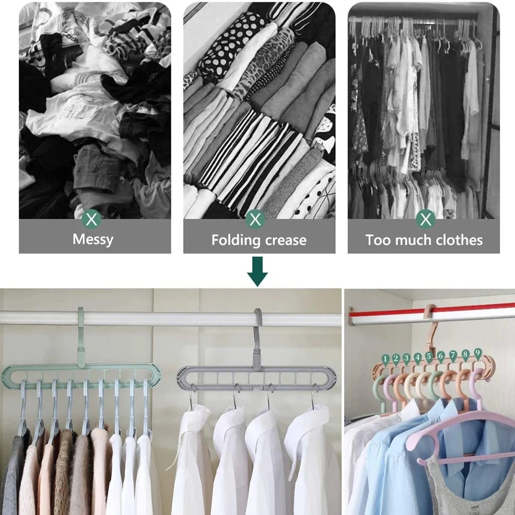 Comparison of a closet before and after using a clothes folding hanger organizer with text labels 'Messy', 'Folding crease', and 'Too much clothes'.