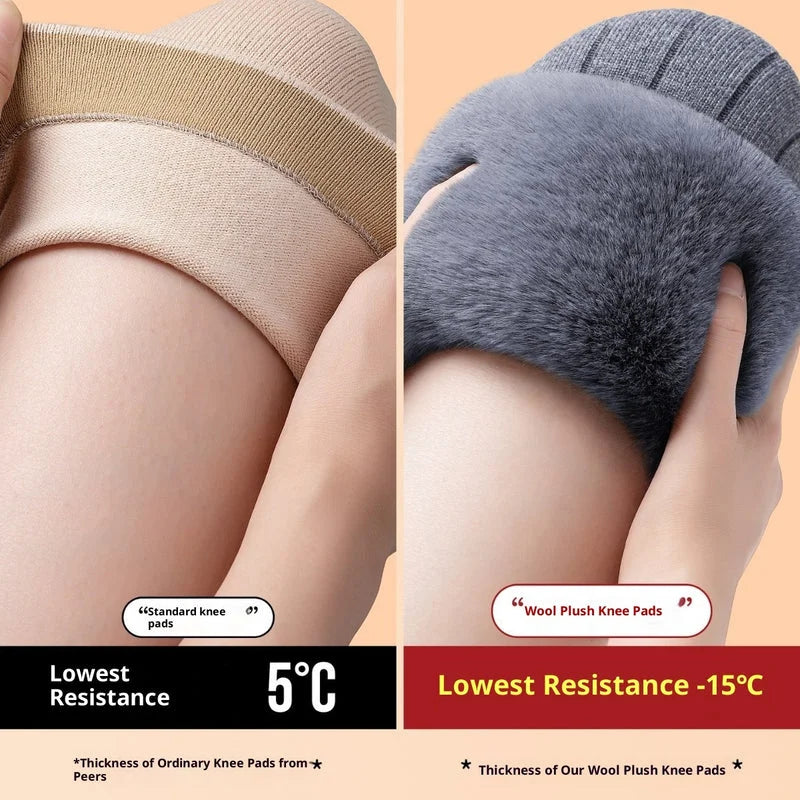 Comparison showing wool plush knee pads withstand minus 15°C versus standard knee pads at 5°C temperature resistance