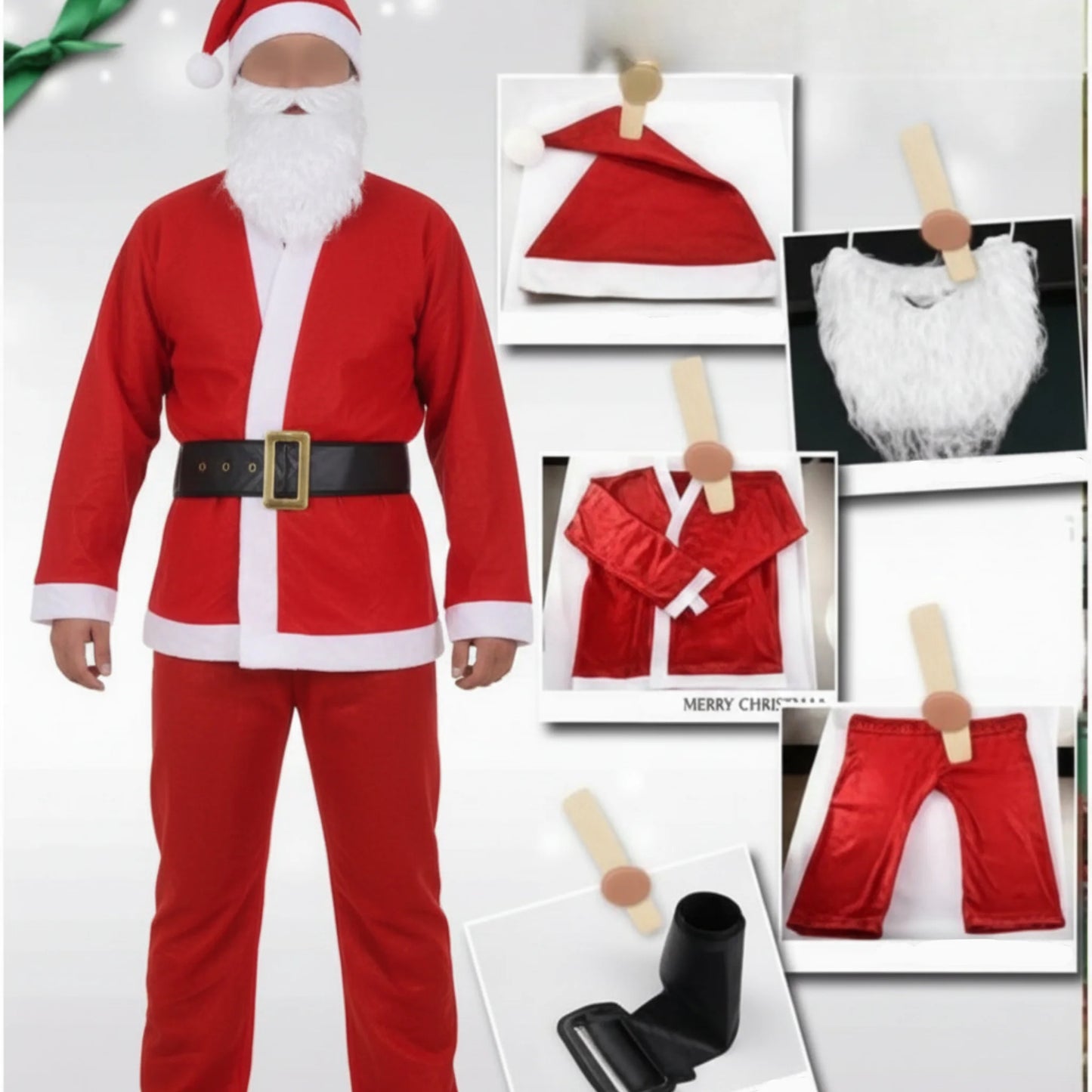 Complete Santa costume adult set with red jacket pants hat beard and belt on display