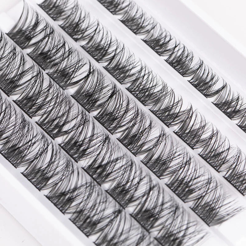 Complete segmented false eyelash set with bond and seal adhesive, tweezers and cluster lashes