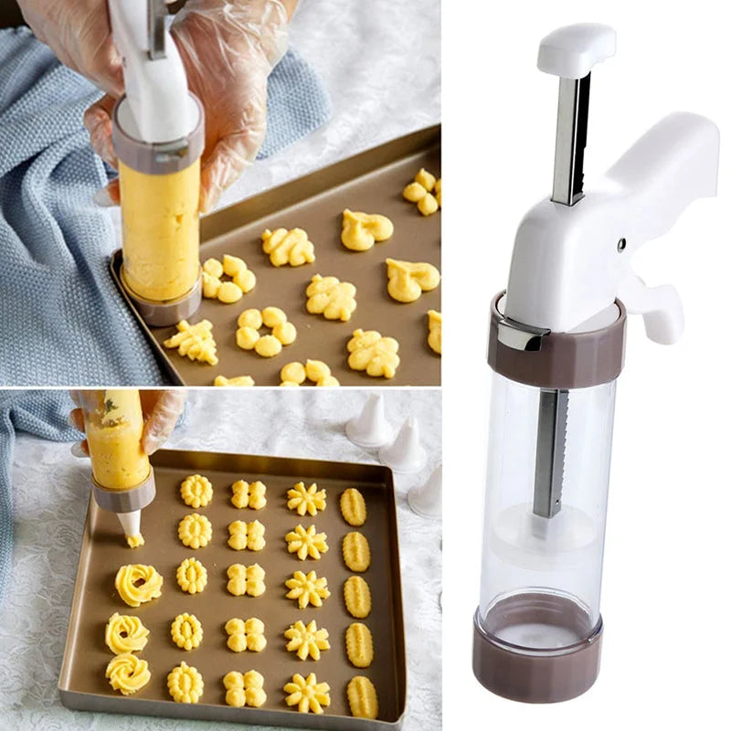 Cookie press gun creating decorative cookies with various shapes on baking tray