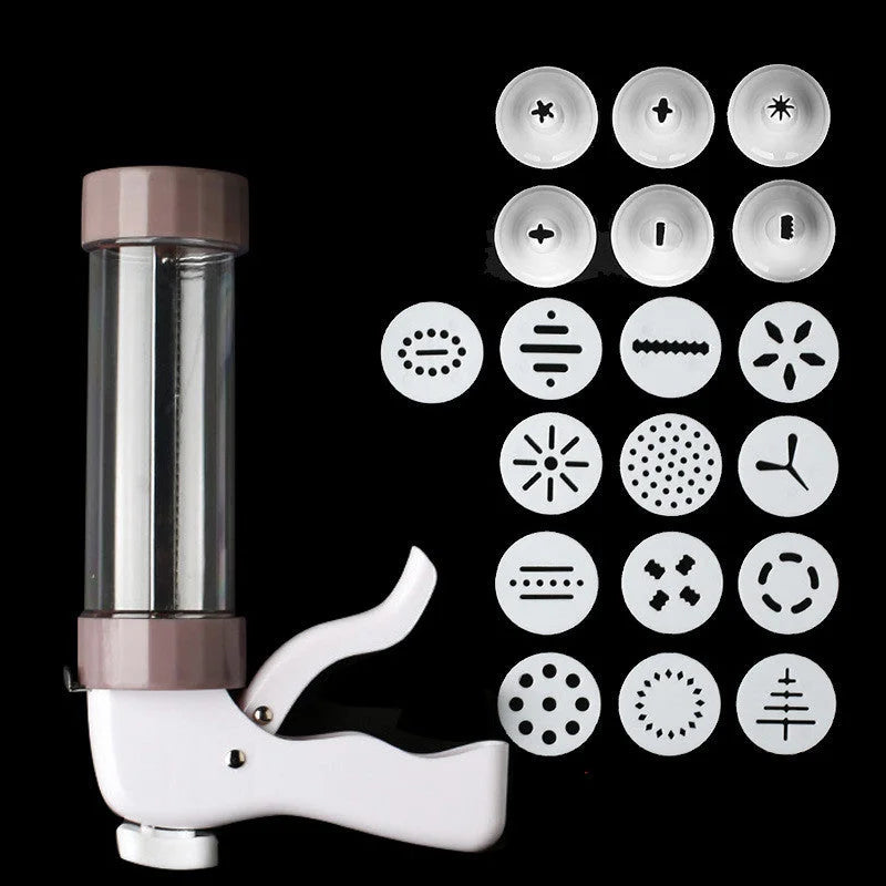 Cookie press kit with 19 decorative disc patterns included for baking variety