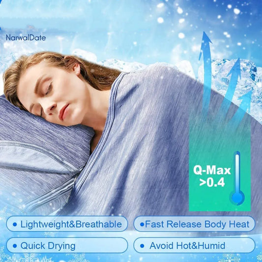 Cooling blanket with Japanese Q-Max technology for hot sleepers on bed