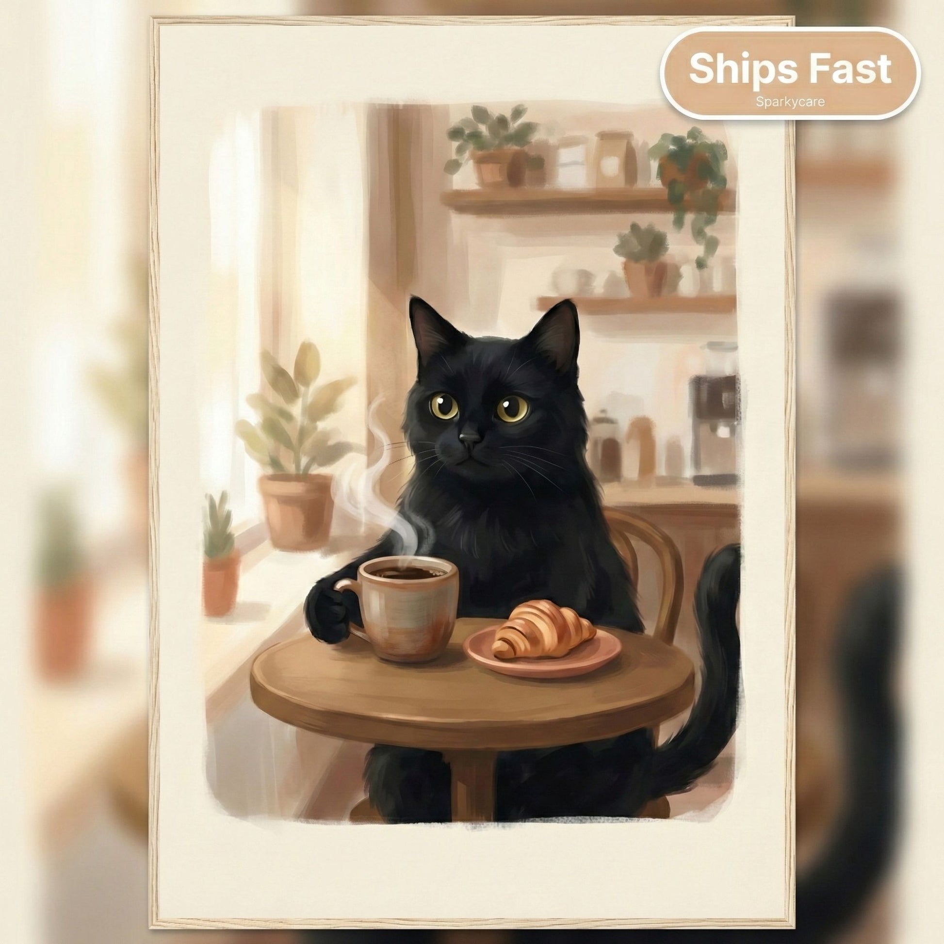 Illustration of a black cat with a coffee cup and croissant in a cozy cafe setting.