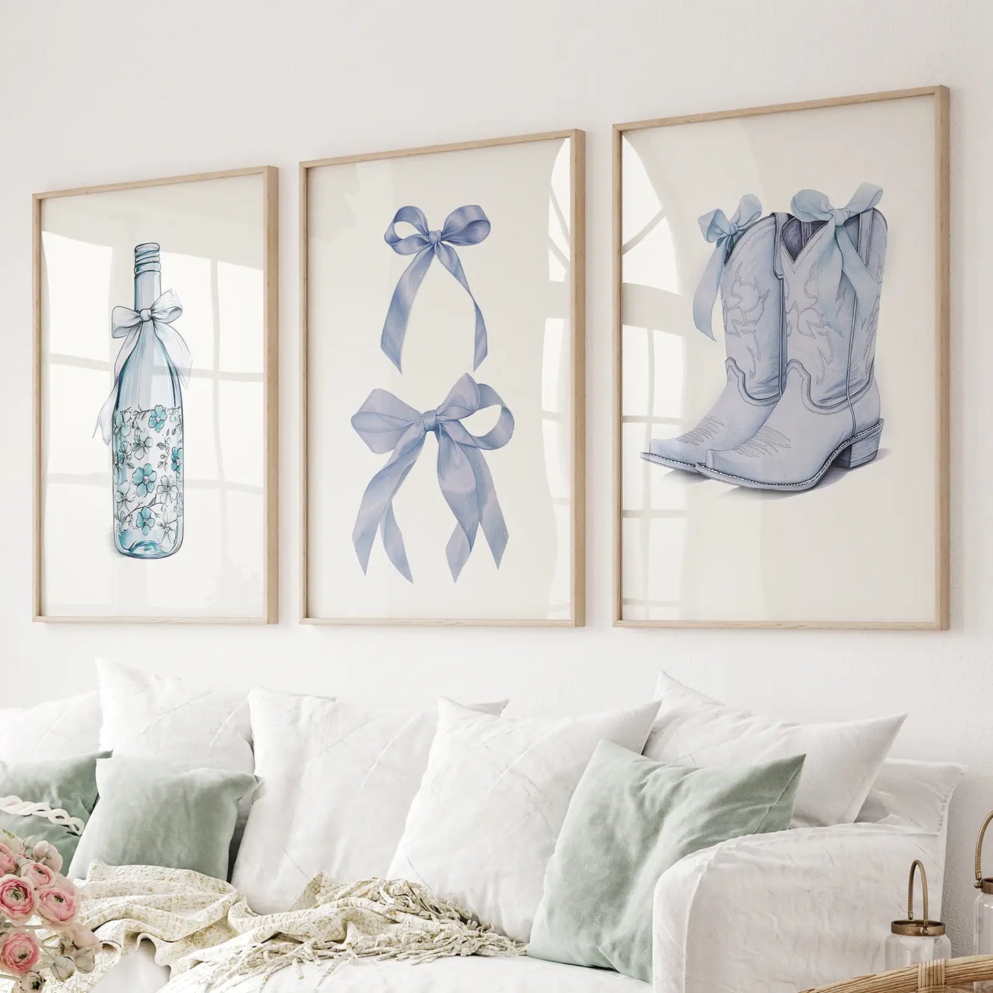 Preppy Blue Western Wall Art Set of 3 Prints Decor