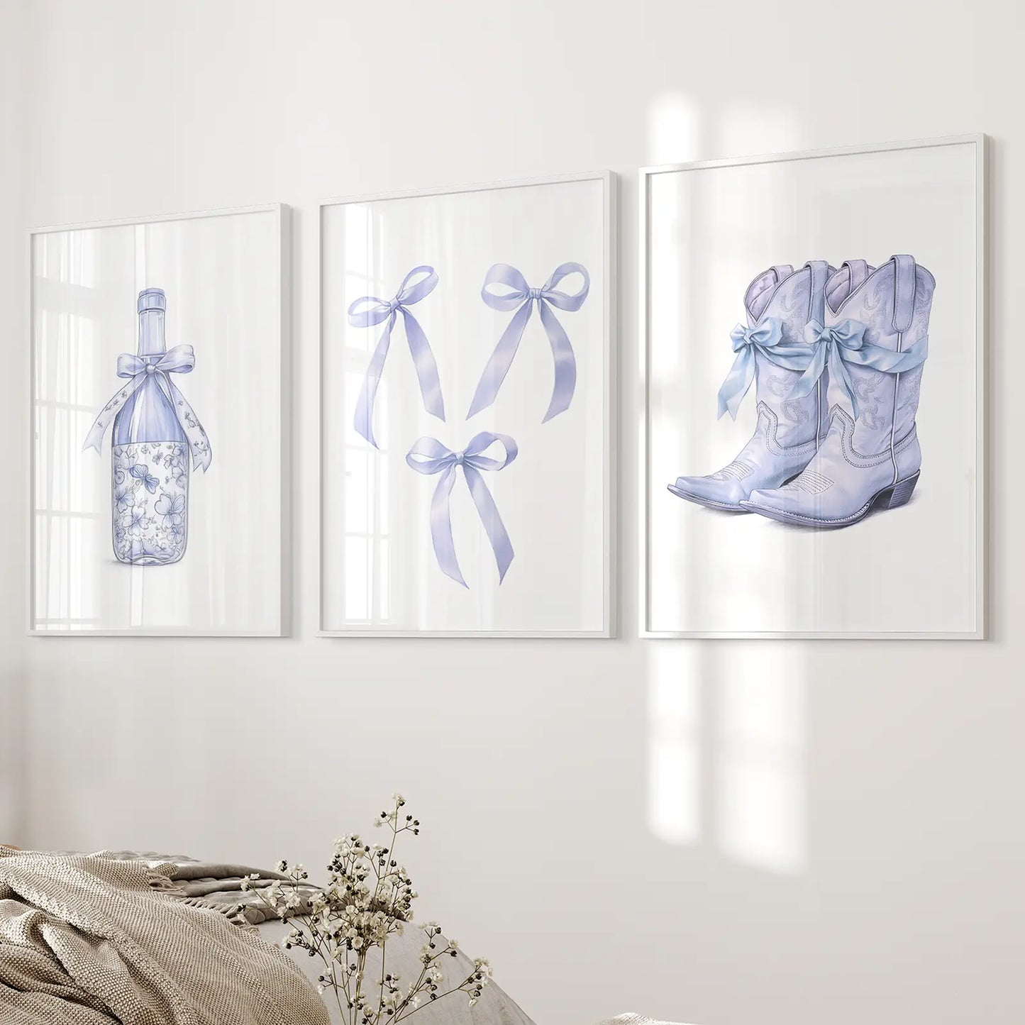 Blue Bows Western Boots Wall Art Set of 3 Prints