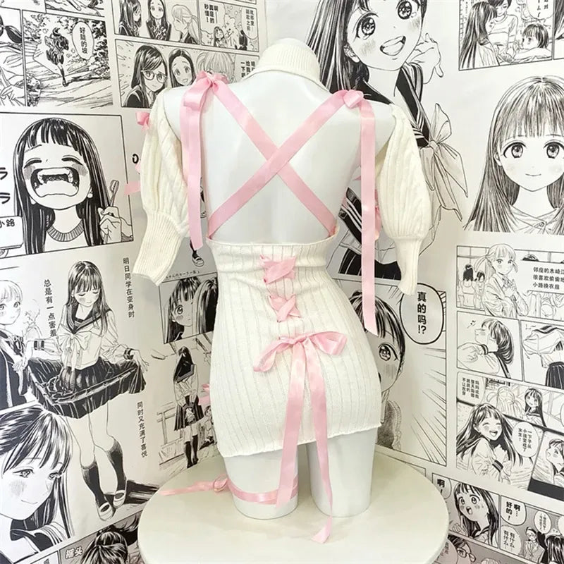 Cosplay dress set white knit pink bows convention outfit anime inspired back view