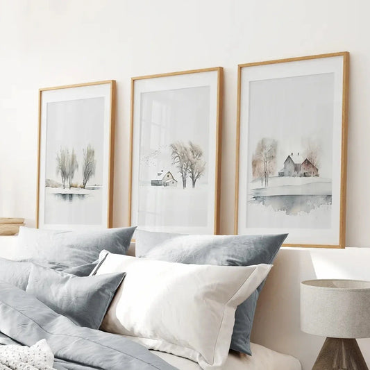 Winter landscape wall art set of 3 watercolor prints