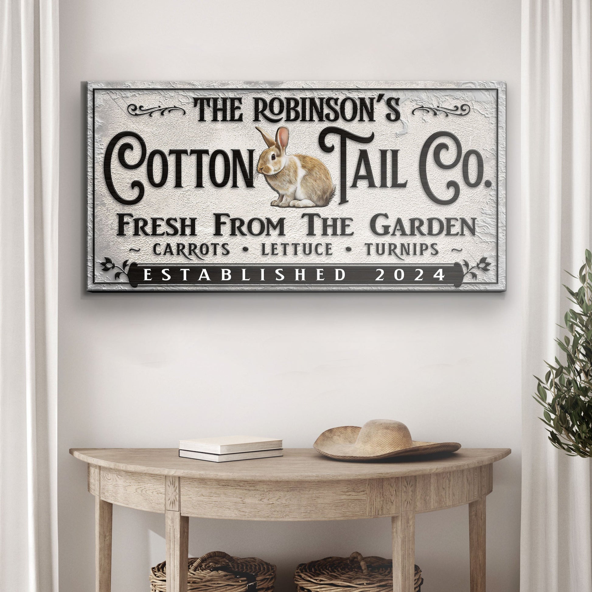 Vintage cottontail Easter canvas wall art with bunny and distressed lettering