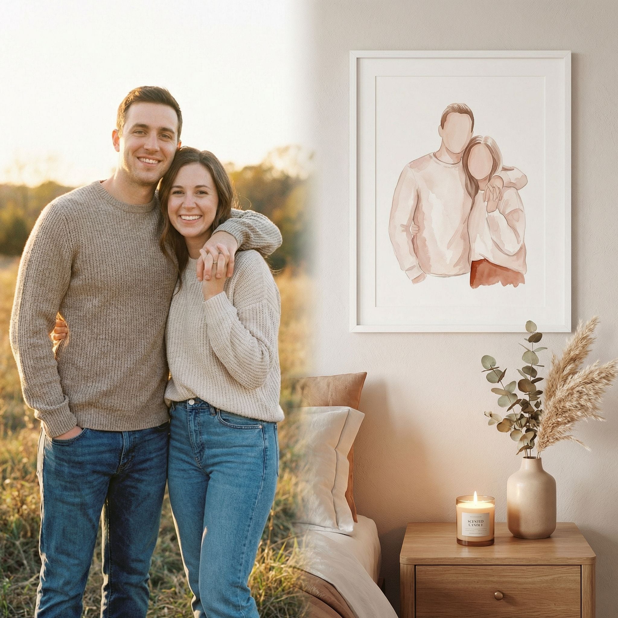 Couple standing in a field next to a custom framed portrait of them on a wall in the background.