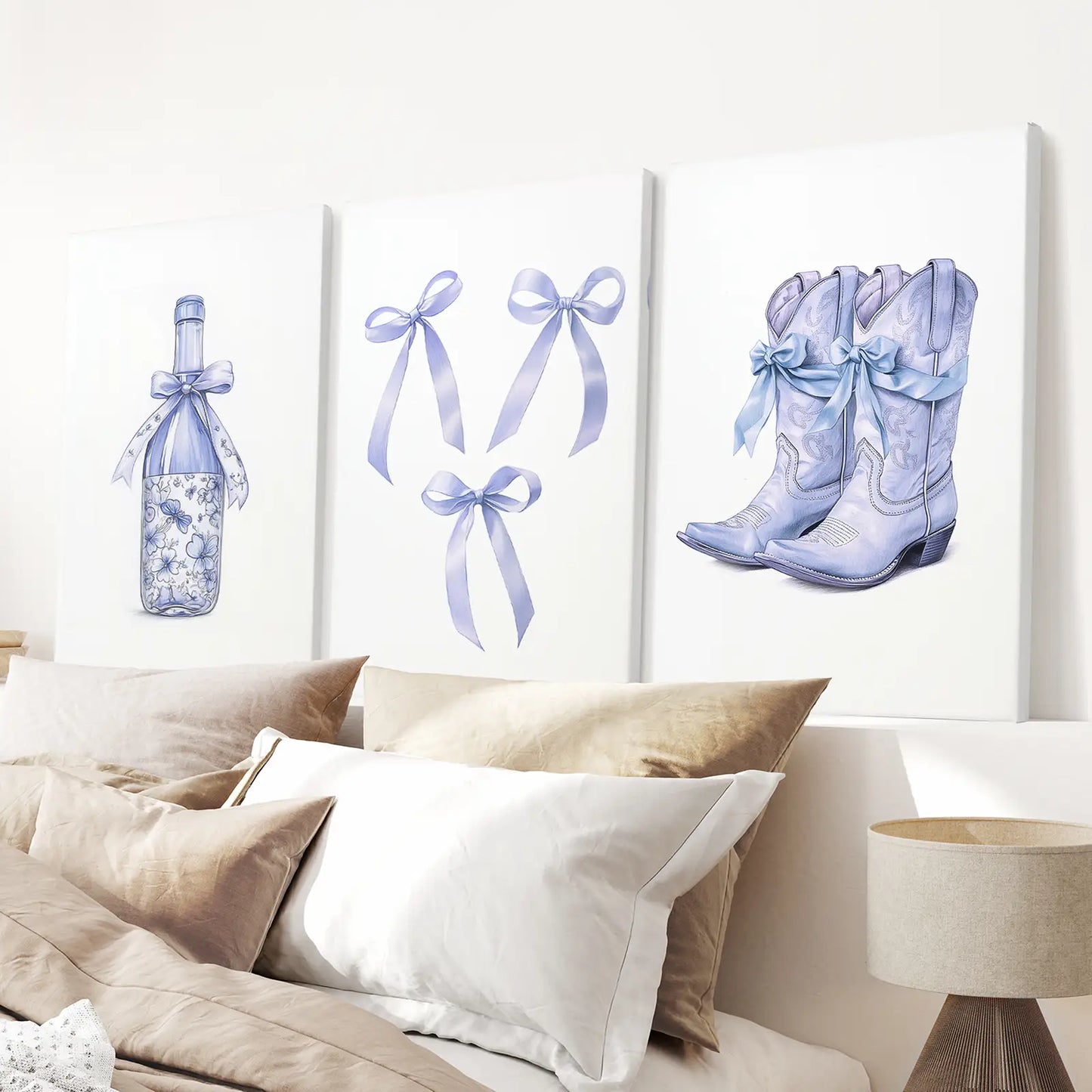 Blue Bows Western Boots Wall Art Set of 3 Prints