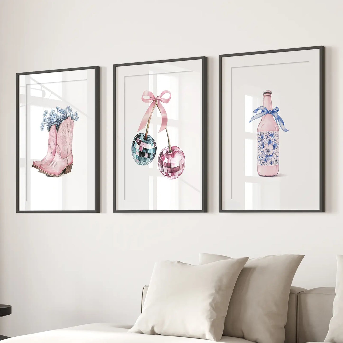 Cherries and Disco Ball Preppy Pink Wall Art Set