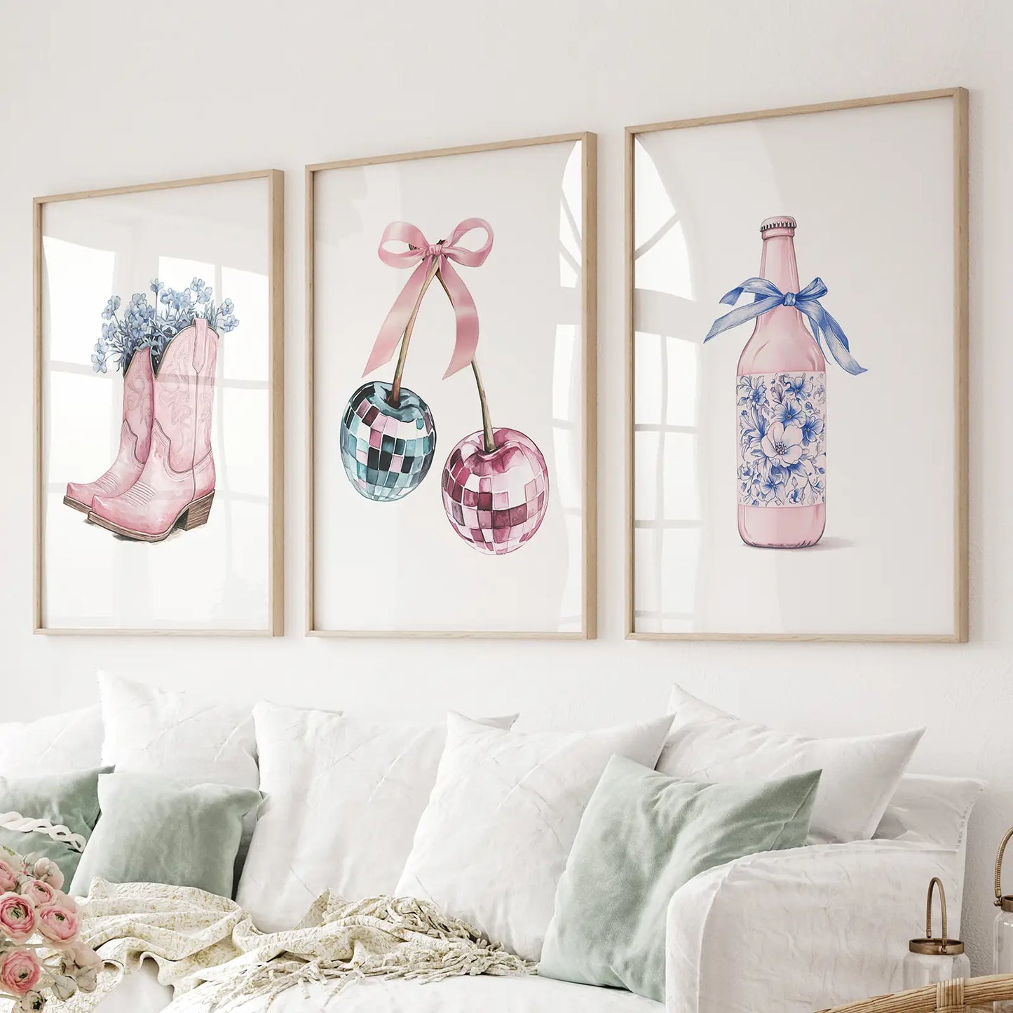 Cherries and Disco Ball Preppy Pink Wall Art Set