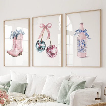 Cherries and Disco Ball Preppy Pink Wall Art Set