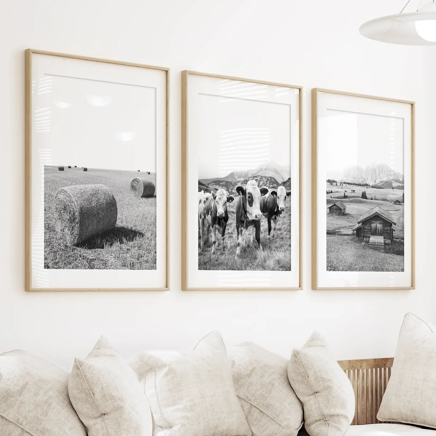 Black and White Farmhouse Wall Art Set - Cows, Barn, Field