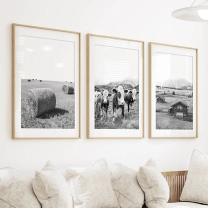 Black and White Farmhouse Wall Art Set - Cows, Barn, Field