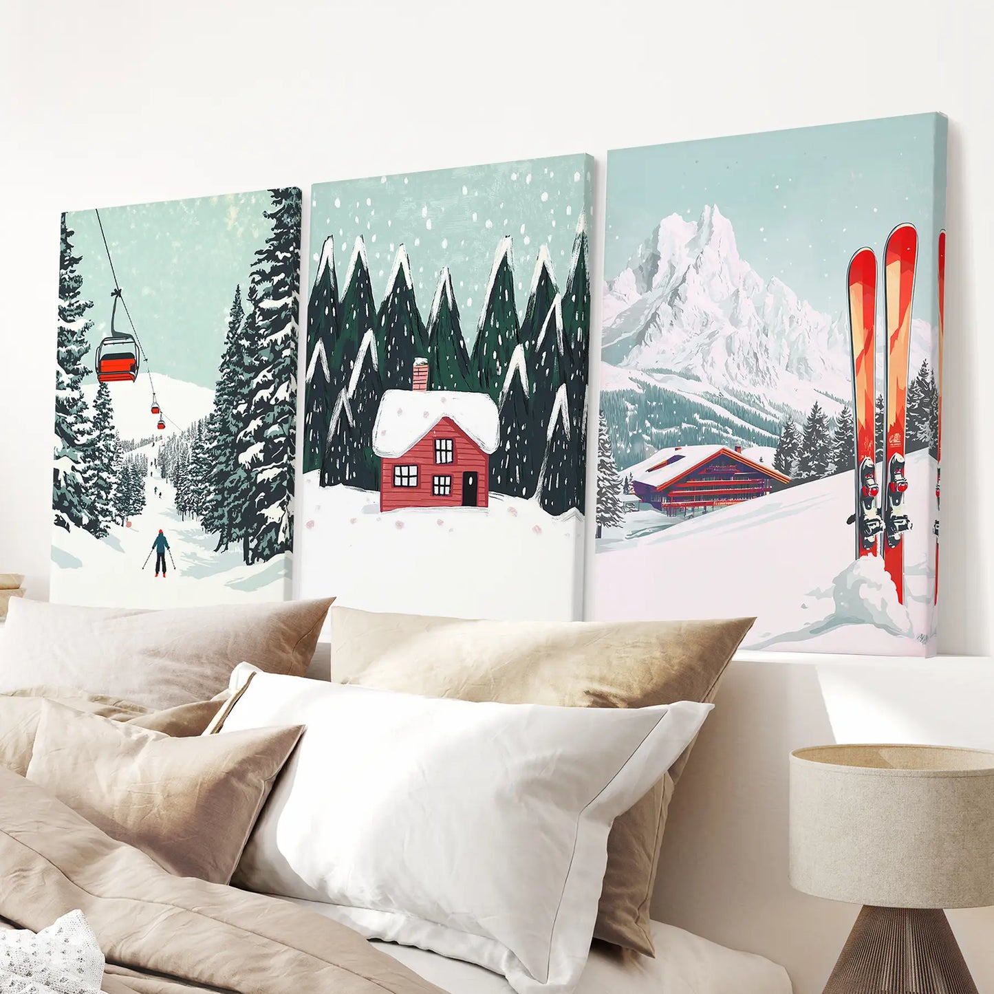 Ski Lifts Cozy Cabin Snowy Peaks Wall Art Set of 3