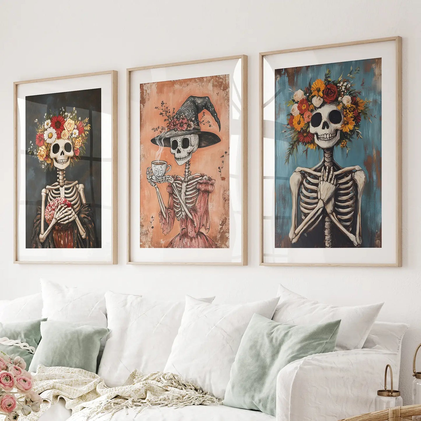 Cozy floral skeleton Halloween wall art poster set