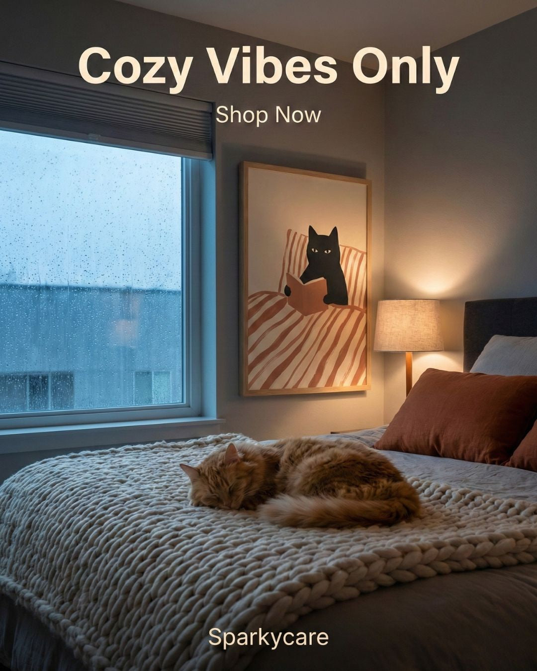 Cozy bedroom with a cat on the bed, framed picture of a cat, and text 'Cozy Vibes Only Shop Now' by Sparkycare.