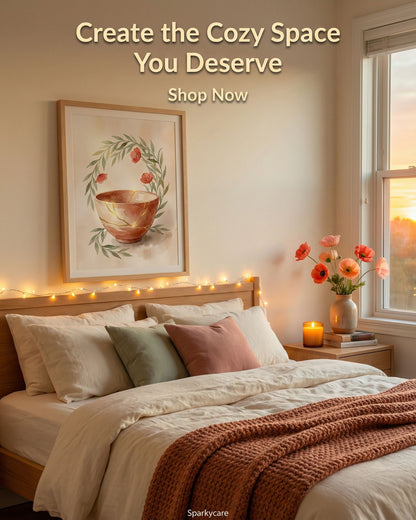 Cozy bedroom with bed, pillows, and decor elements with text overlay.