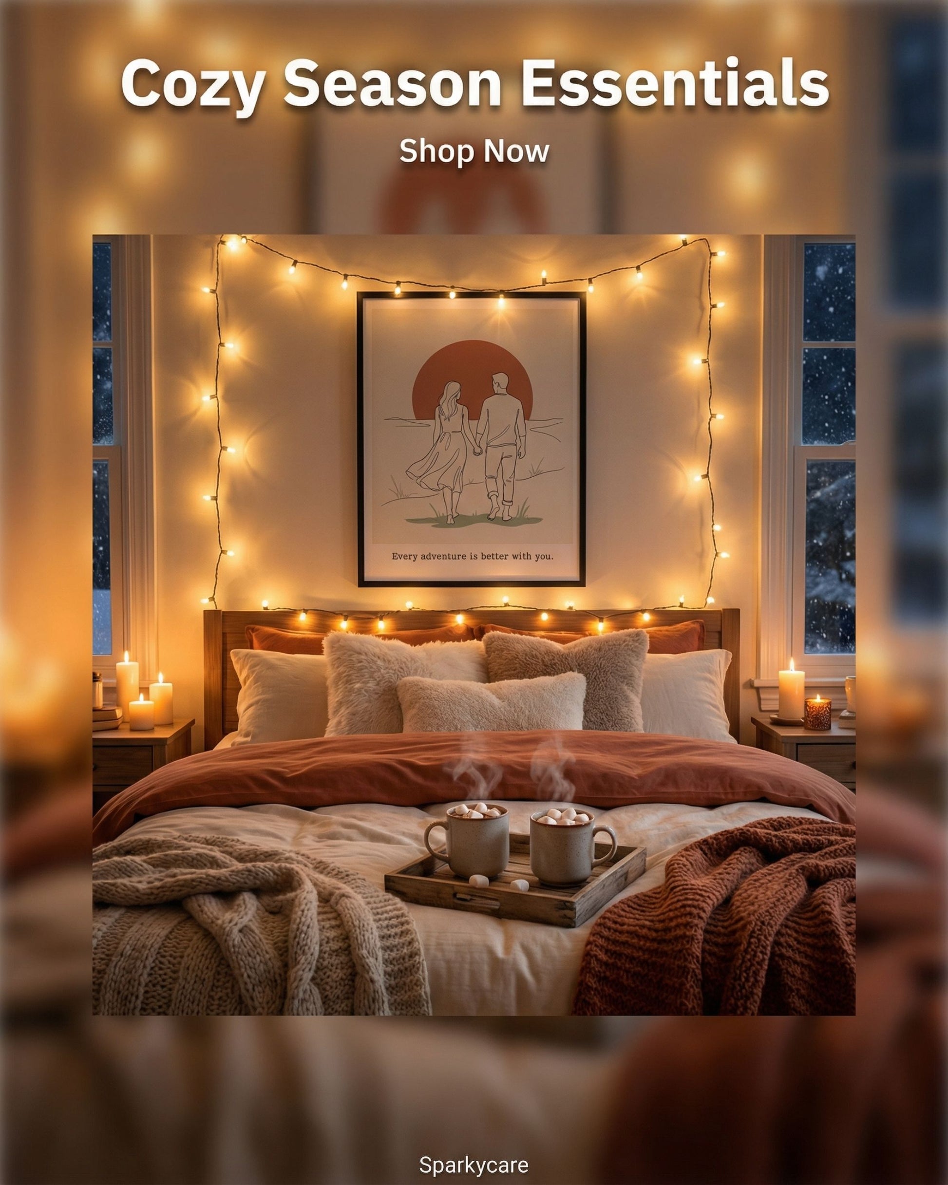 Cozy bedroom with string lights, candles, and a framed picture with the text 'Cozy Season Essentials' and 'Shop Now'.
