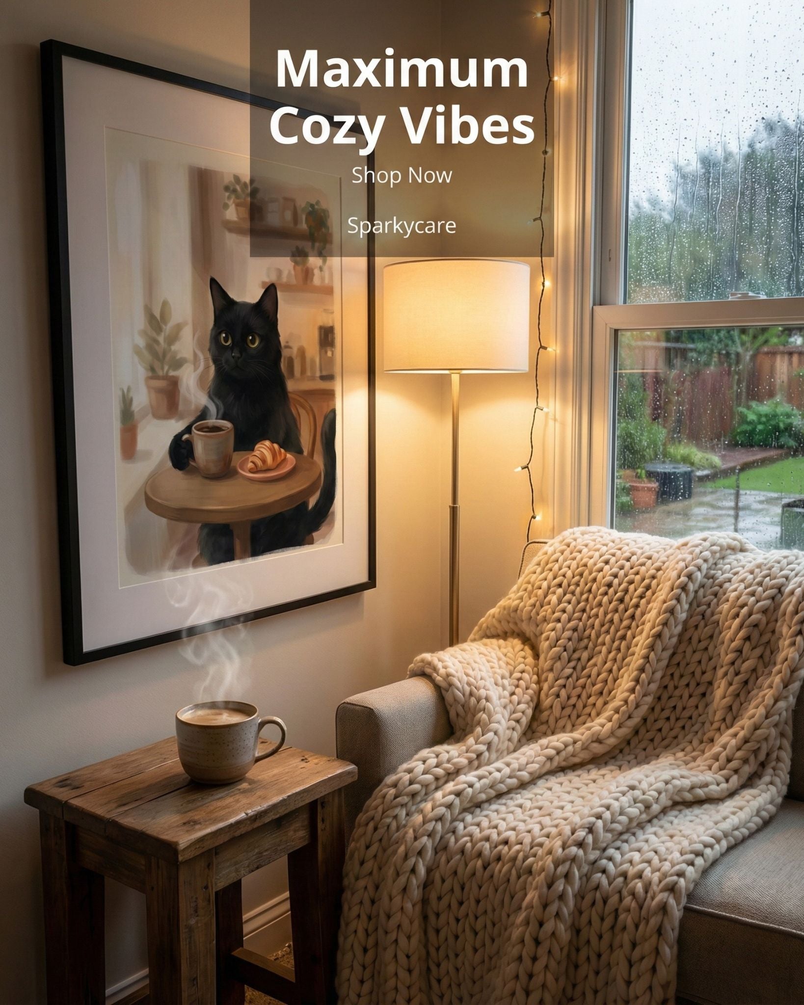 Cozy living room with a cat, coffee, and blanket, featuring Sparkycare branding.