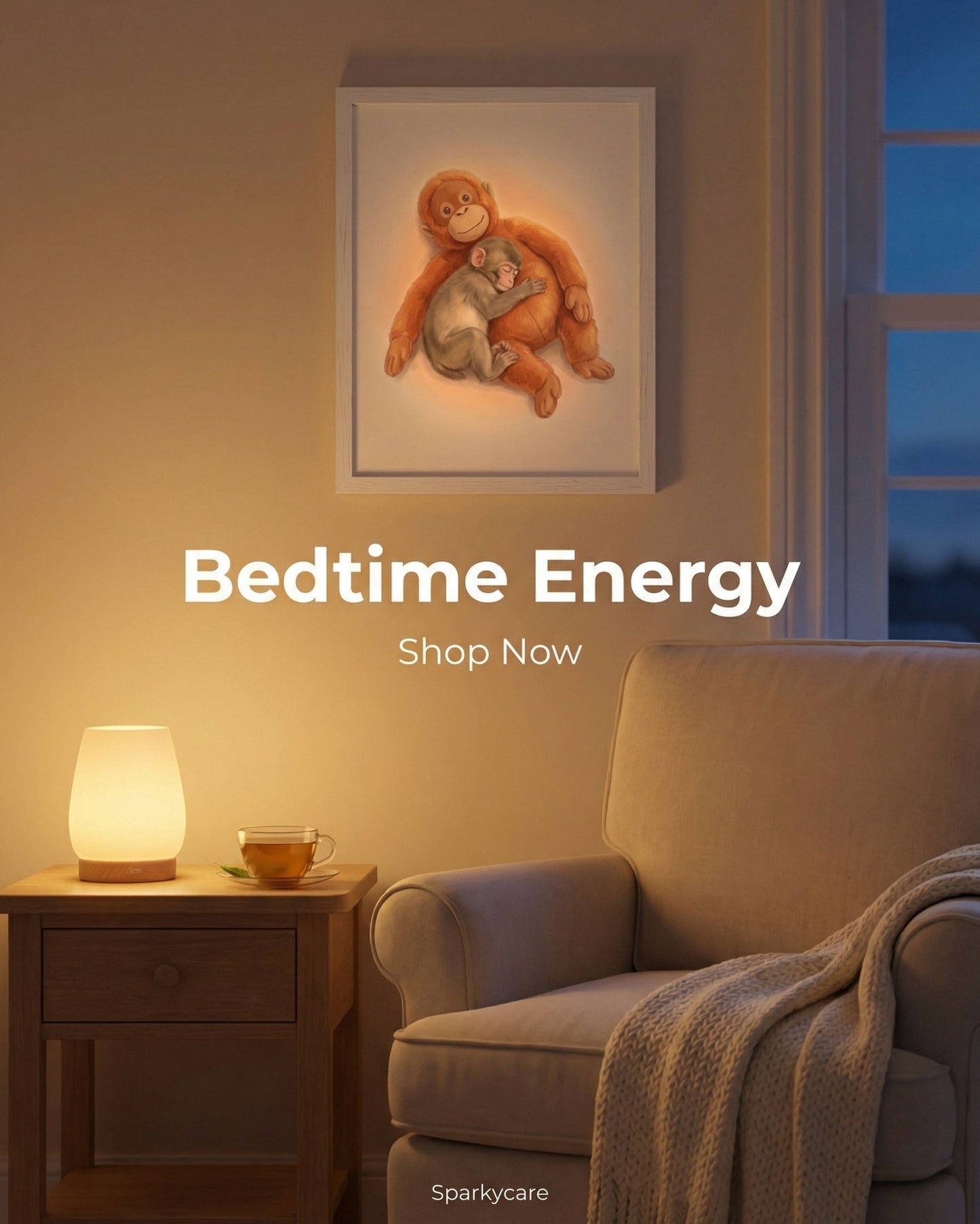 Cozy living room with a lamp, mug, and framed artwork with 'Bedtime Energy' text.