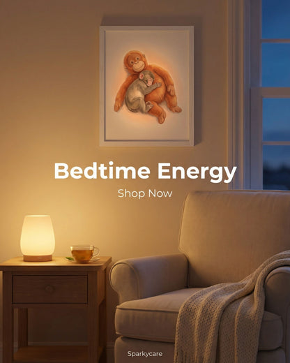 Cozy living room with a lamp, mug, and framed artwork with 'Bedtime Energy' text.
