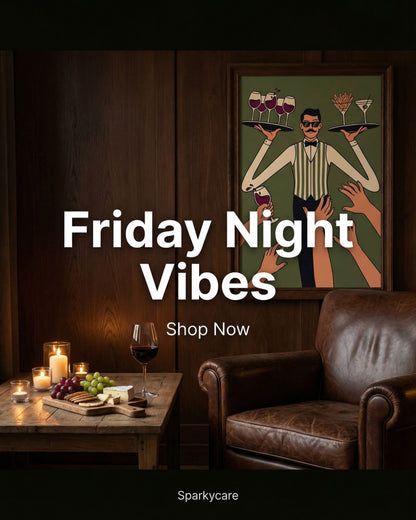 Cozy living room with a painting, candles, and wine, promoting 'Friday Night Vibes' with 'Shop Now' text.