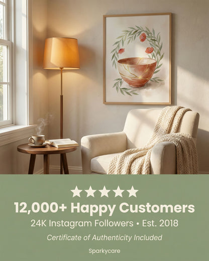 Cozy living room with armchair, lamp, and framed artwork, featuring Sparkycare branding.
