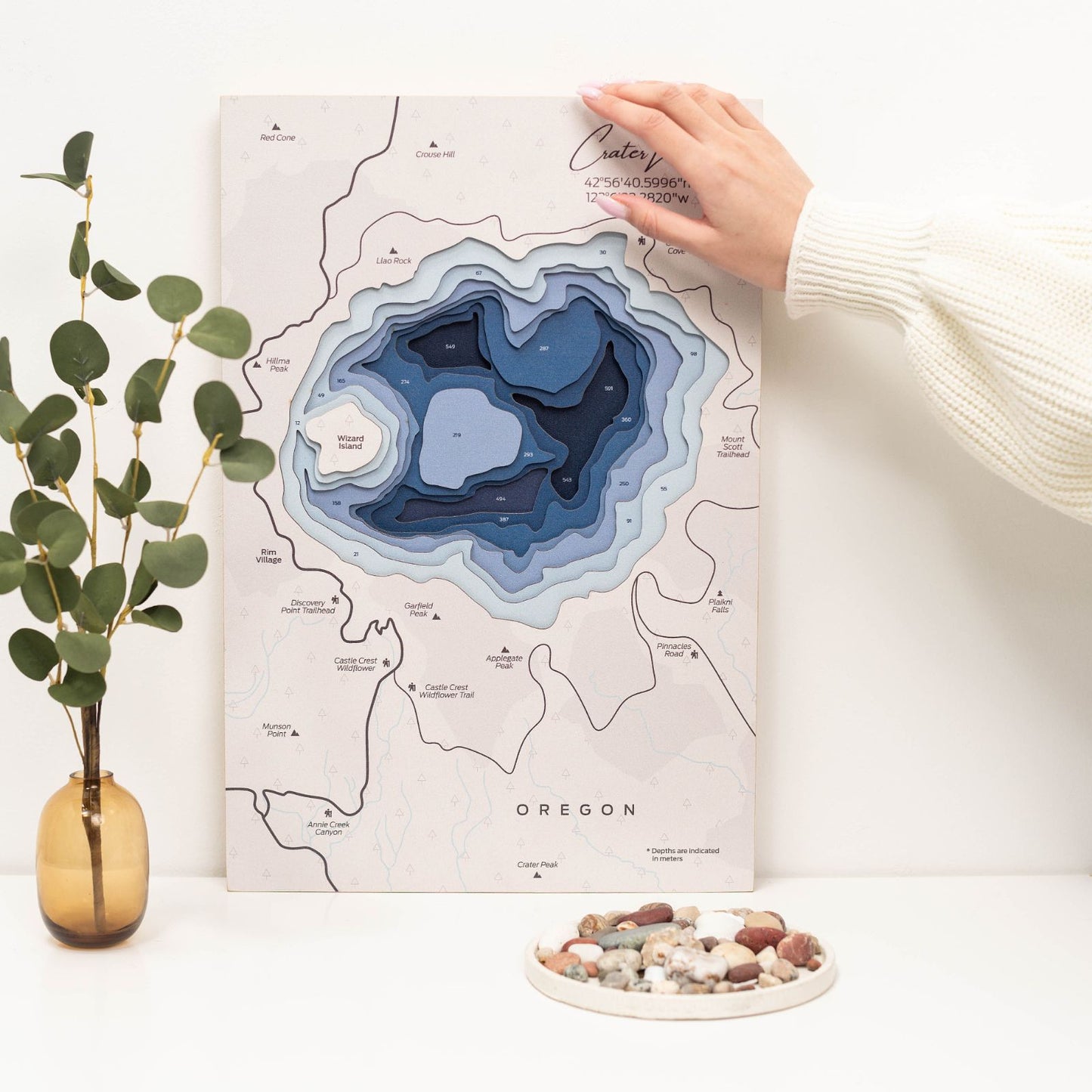 Wooden Crater Lake Map Wall Art
