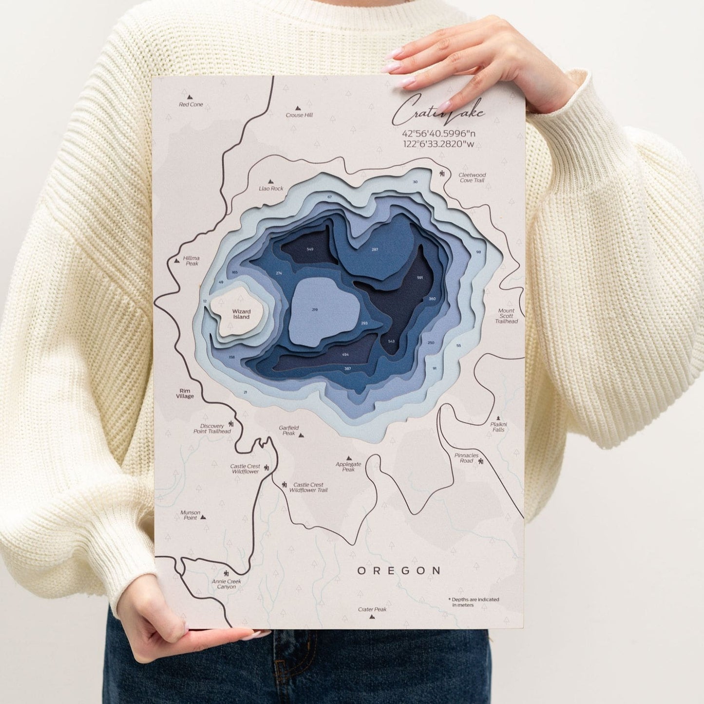 Wooden Crater Lake Map Wall Art