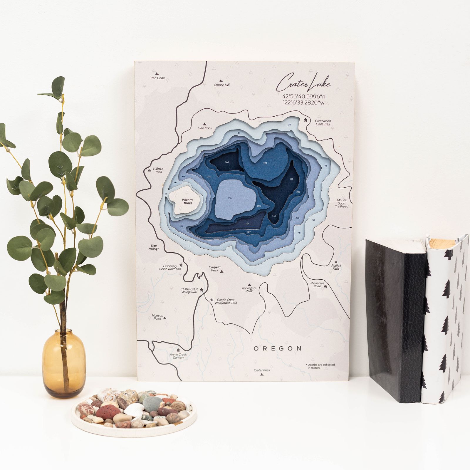 Wooden Crater Lake map wall art