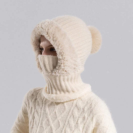 Cream knitted winter hat scarf mask with fur lining and pom pom