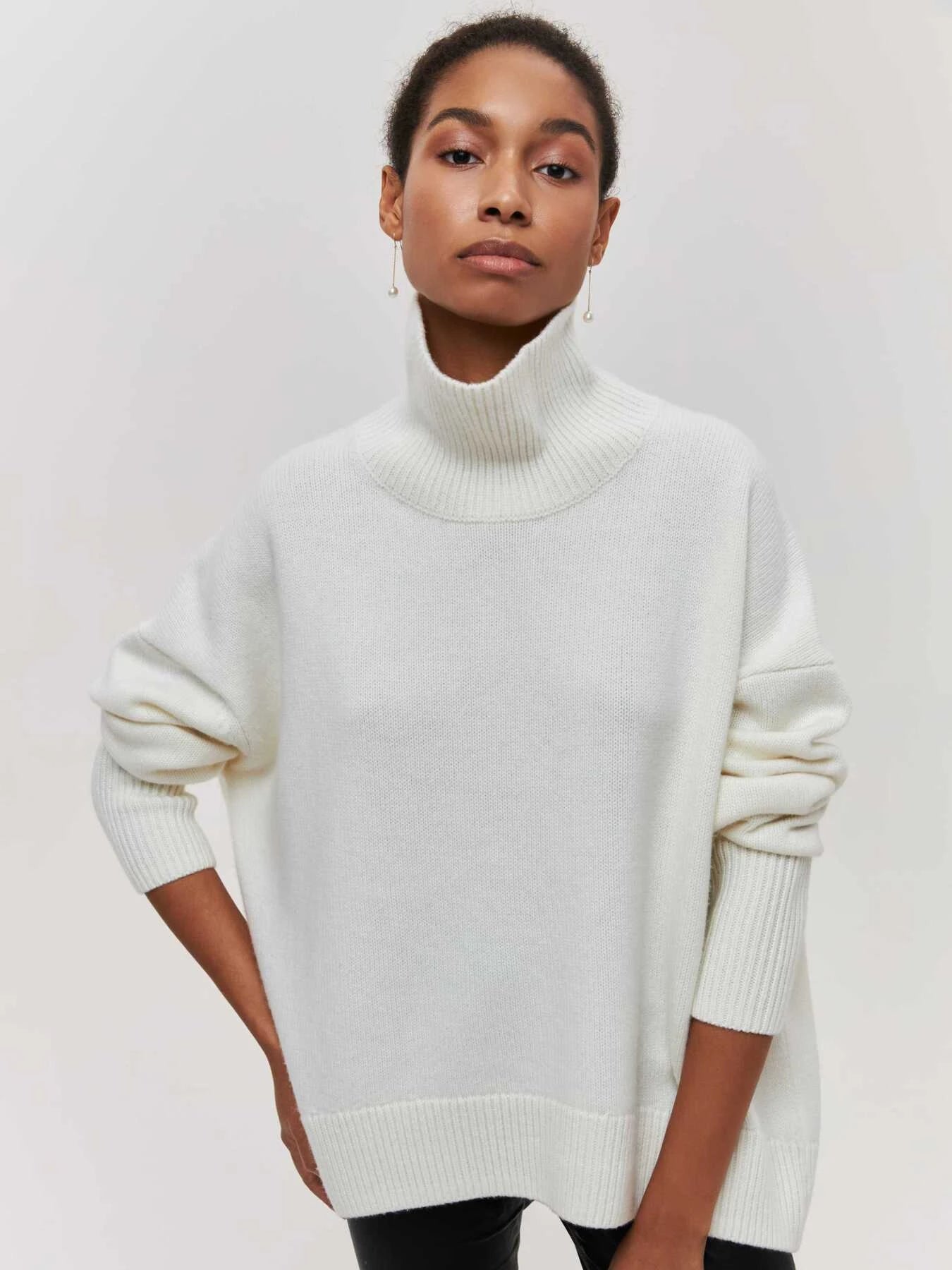 Cream white oversized sweater turtleneck women soft knit slouchy pullover
