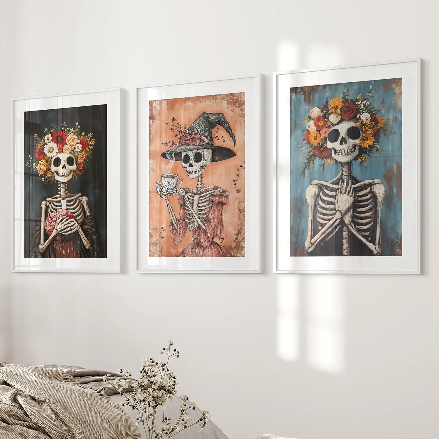 Cozy Floral Skeleton Halloween Wall Art Poster Set