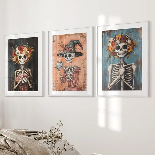 Cozy Floral Skeleton Halloween Wall Art Poster Set