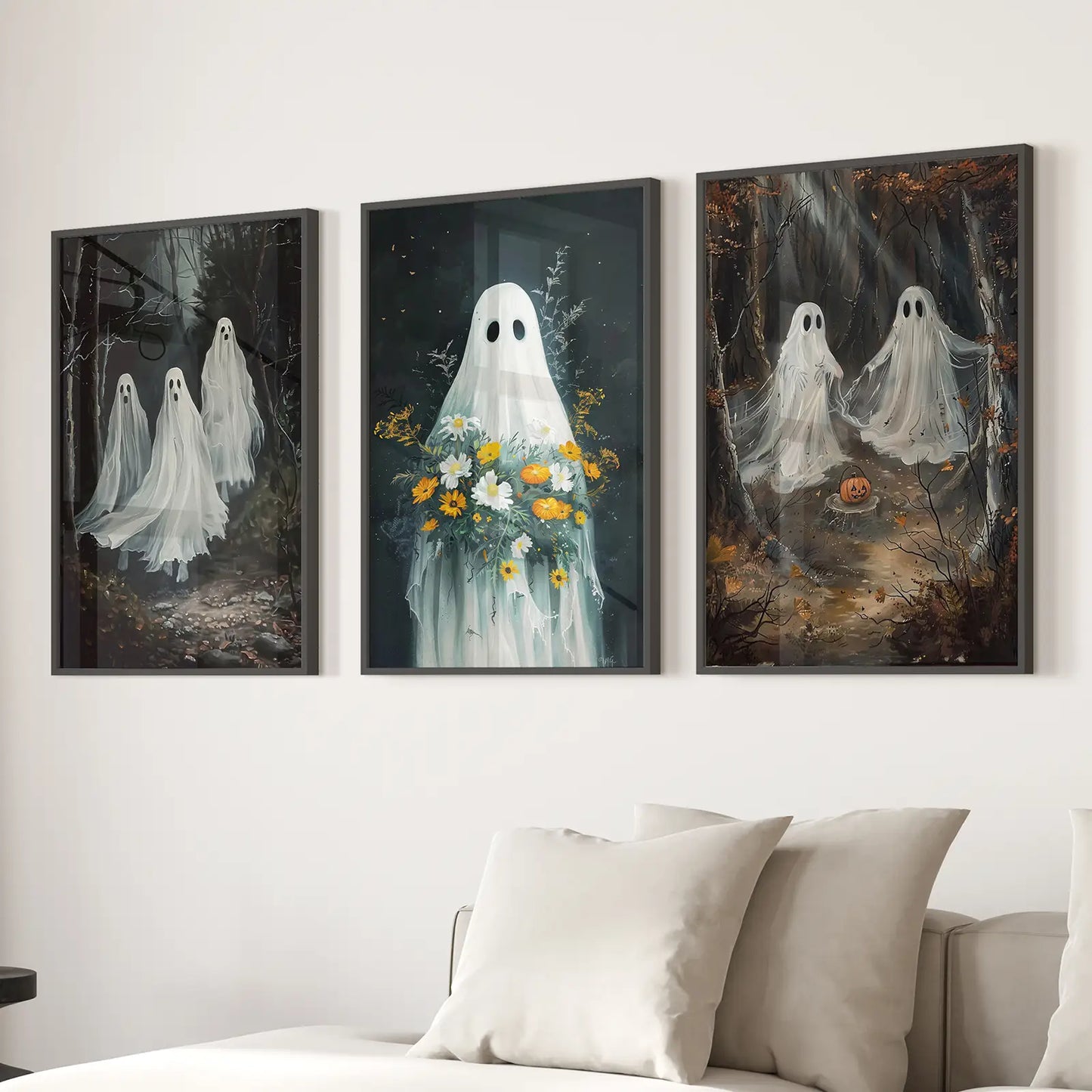 Halloween Ghosts in the Forest Wall Art Set of 3