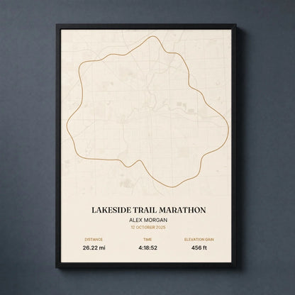 Custom marathon map print of a race route, framed in black wood and hung on a wall