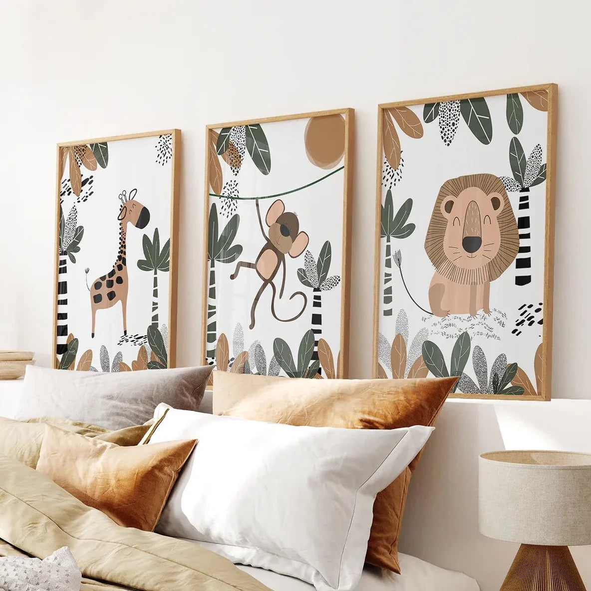 Safari animals nursery wall art set of 3 with giraffe, monkey, and lion
