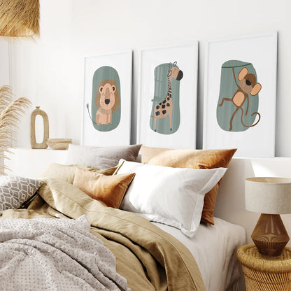 Cute Safari Baby Animals Nursery Wall Art Set of 3