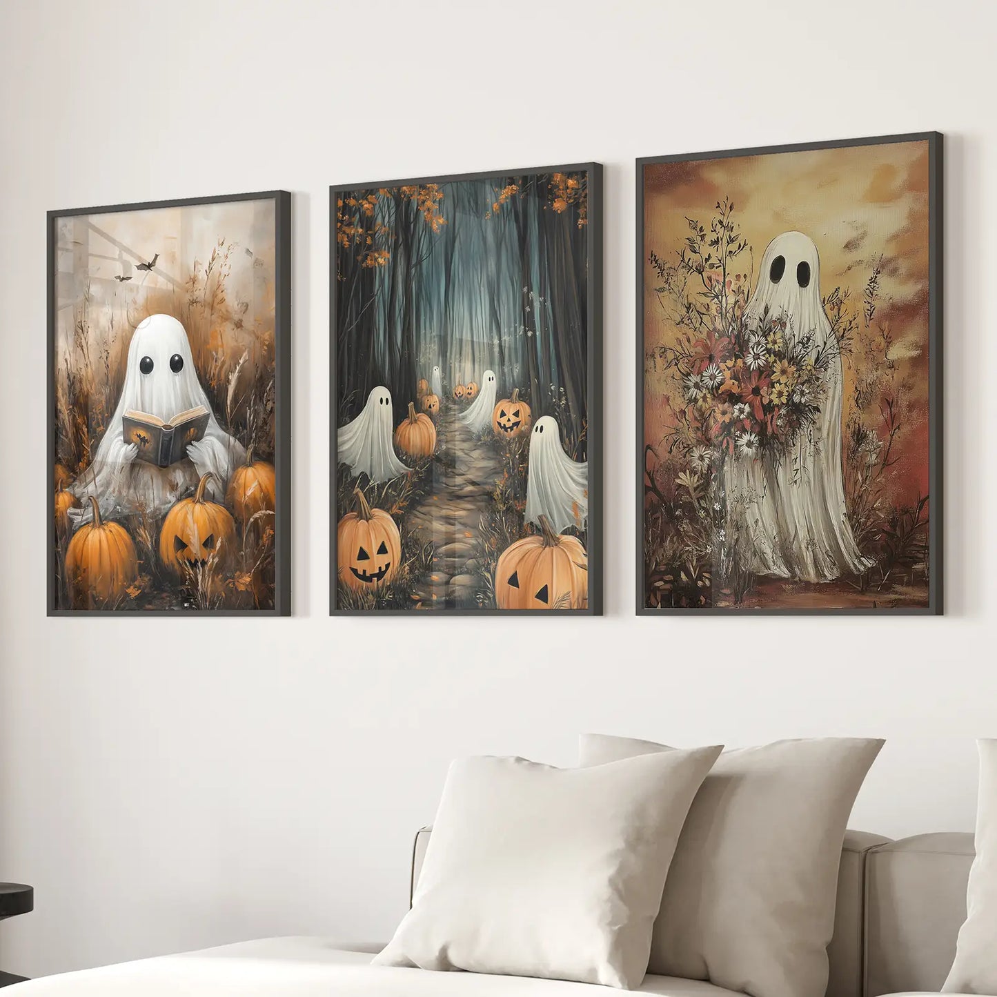 Spooky Ghosts Halloween Wall Art Set of 3 Prints