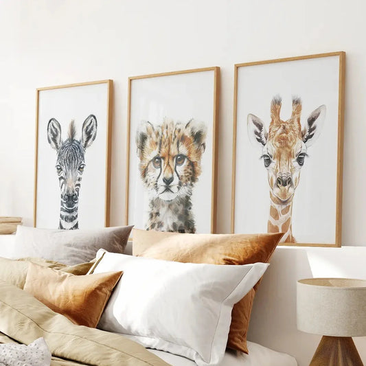 Neutral safari nursery wall art set of 3 with zebra, cheetah cub, and giraffe