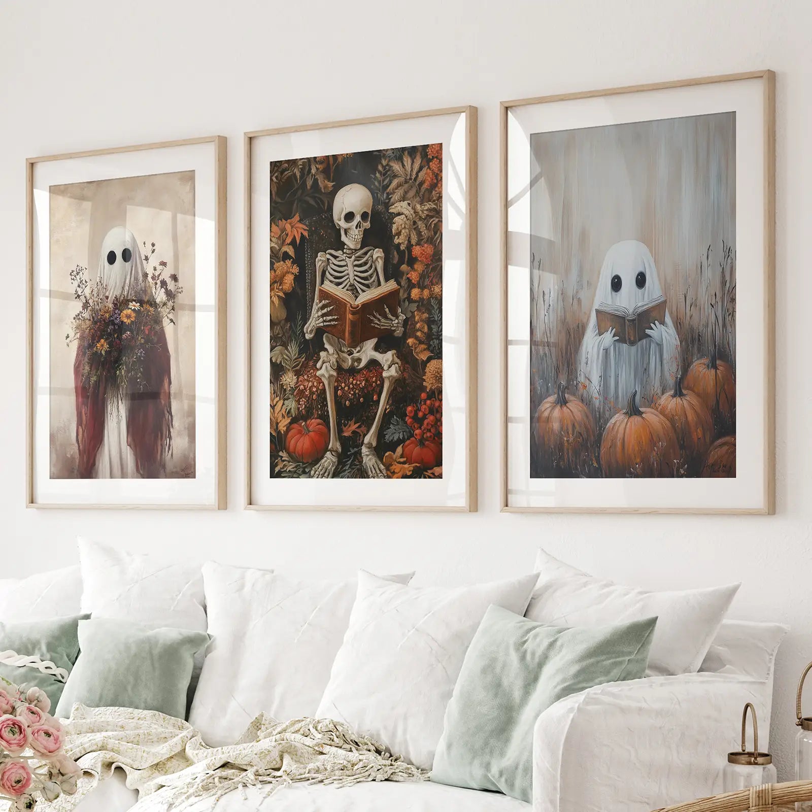 Halloween skeleton and ghost wall art set of 3 prints with pumpkins