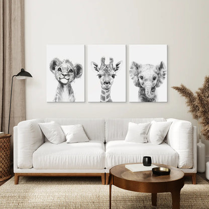 Black and White Jungle Nursery Wall Art Set of 3 - Lion, Giraffe, Elephant