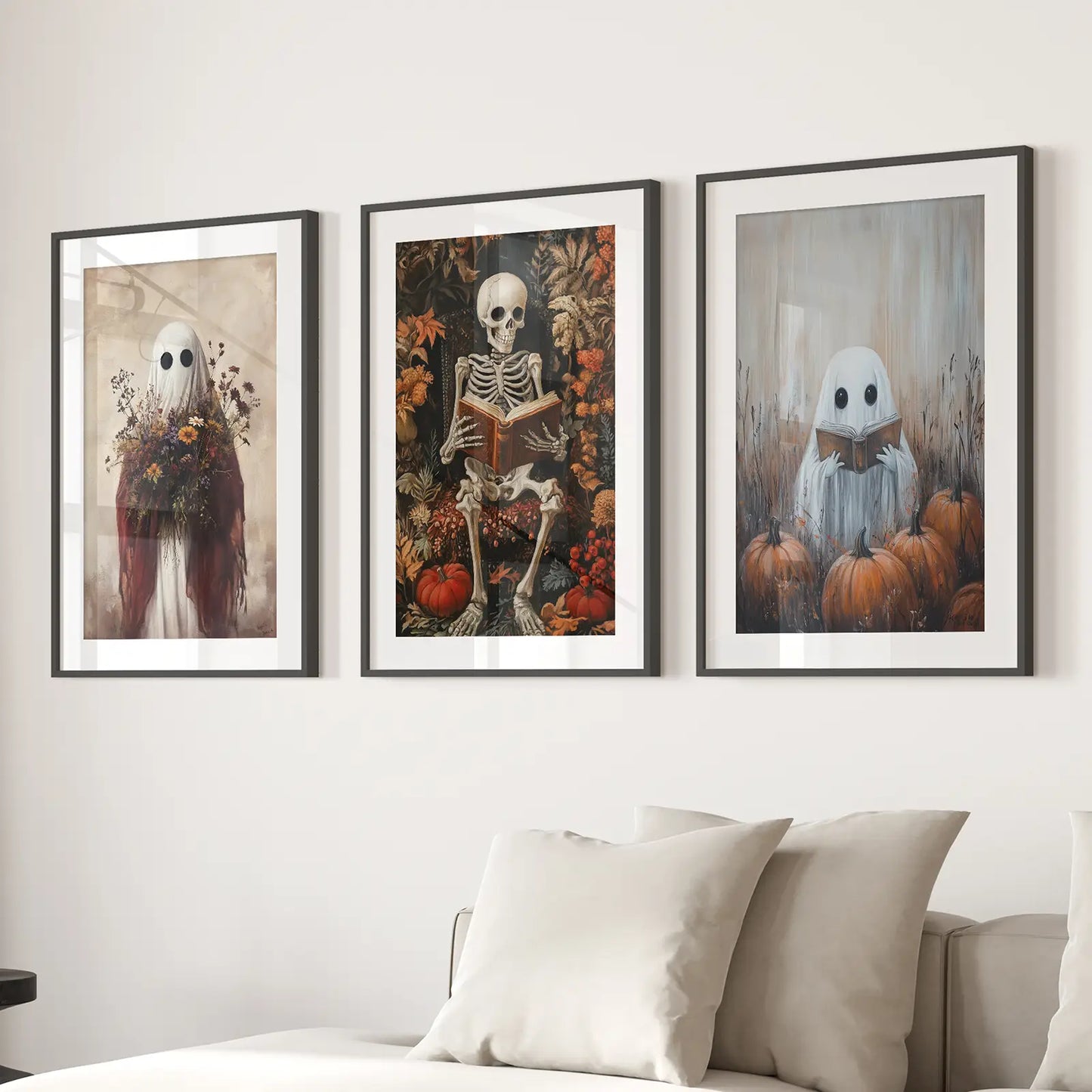 Halloween Skeleton Ghost Wall Art Set of 3 Prints