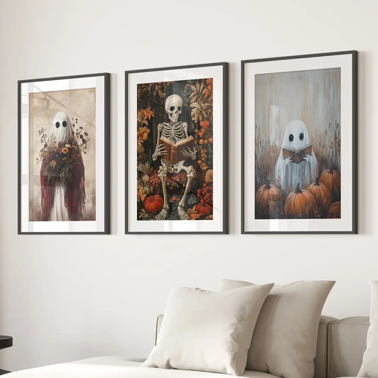 Halloween Skeleton Ghost Wall Art Set of 3 Prints