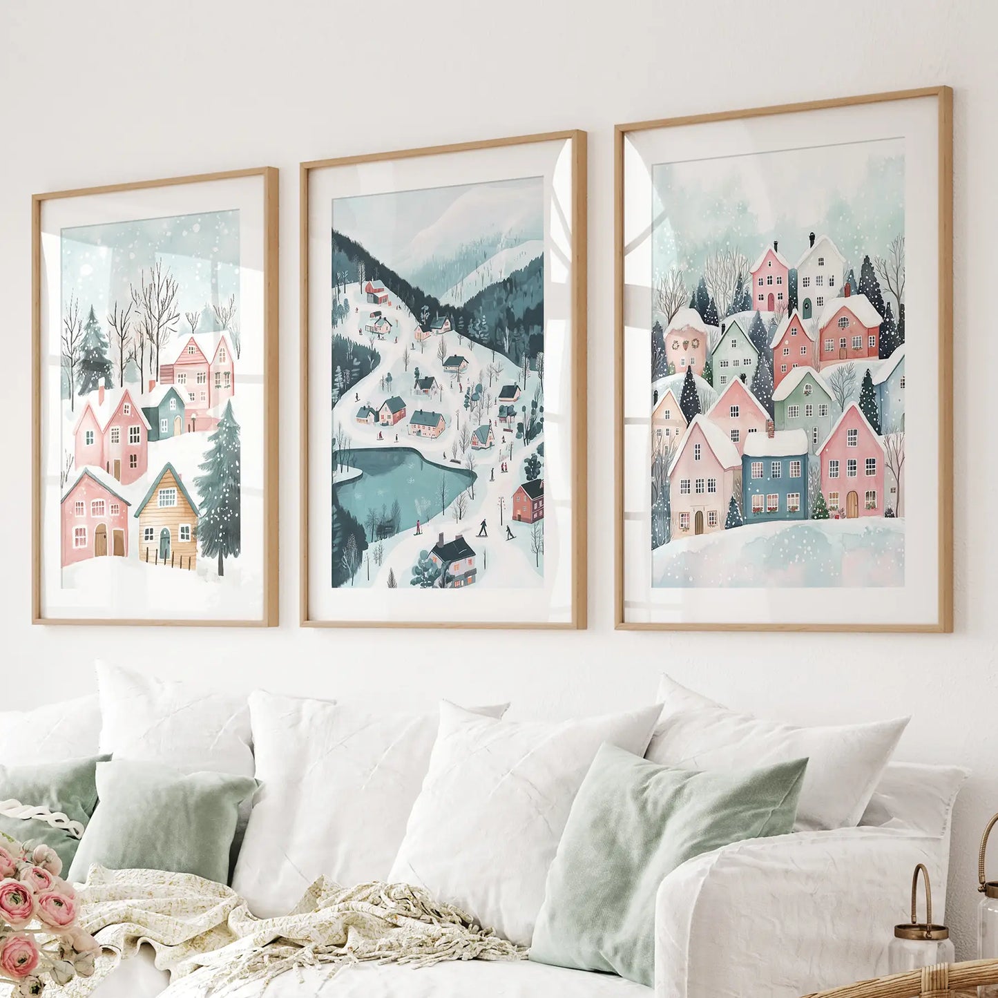 Christmas village winter landscape wall art set of 3