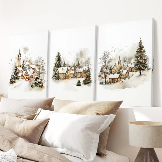 Vintage Snowy Christmas Wall Art Set of 3 Prints