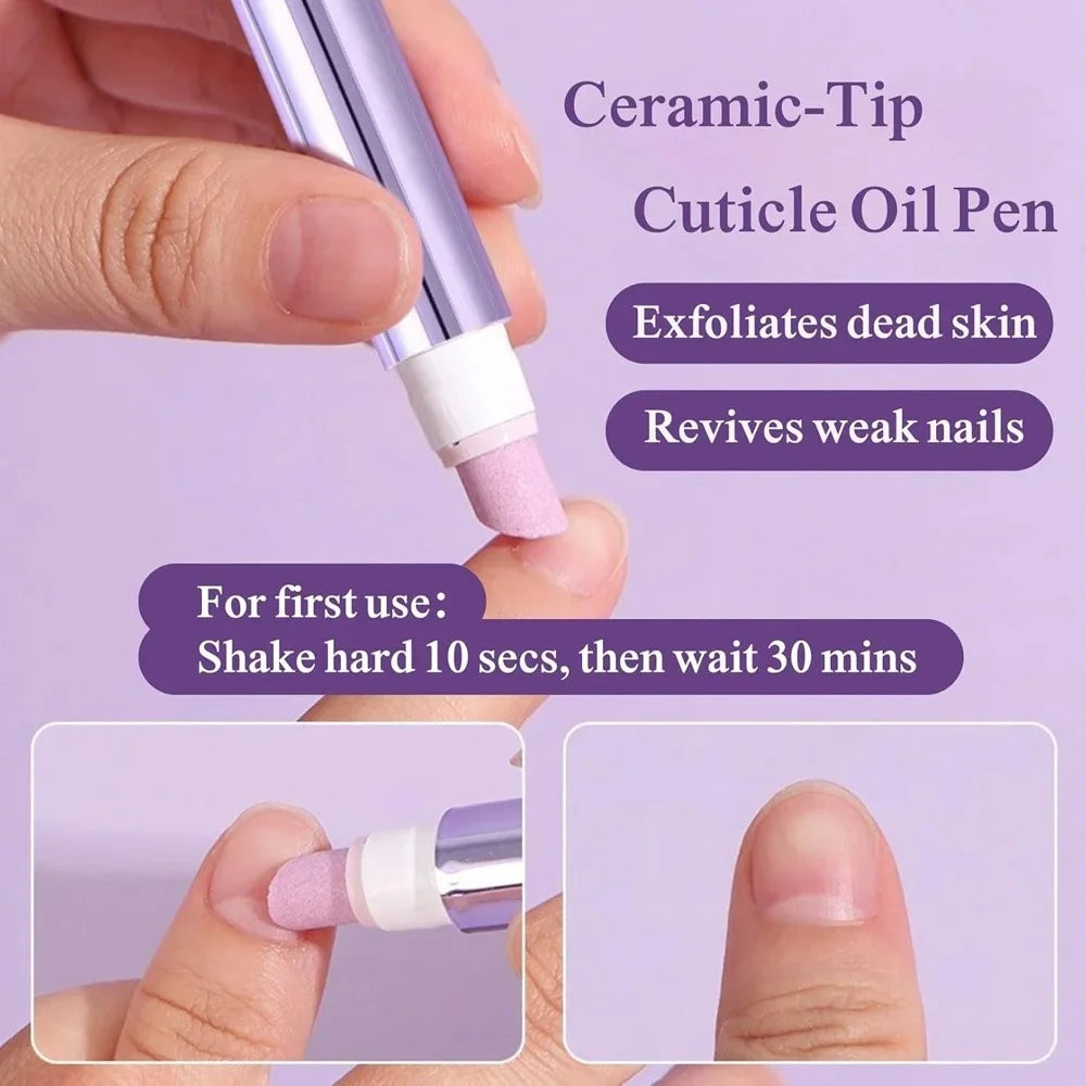 Cuticle oil pen ceramic tip close up showing pink exfoliating surface